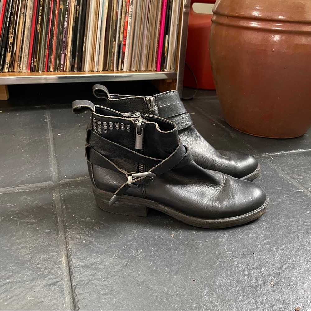 Black leather motto boots